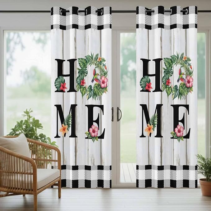 Summer Outdoor Curtains for Patio Leaves Garland Plumeria Wood Buffalo Plaid - Image 6