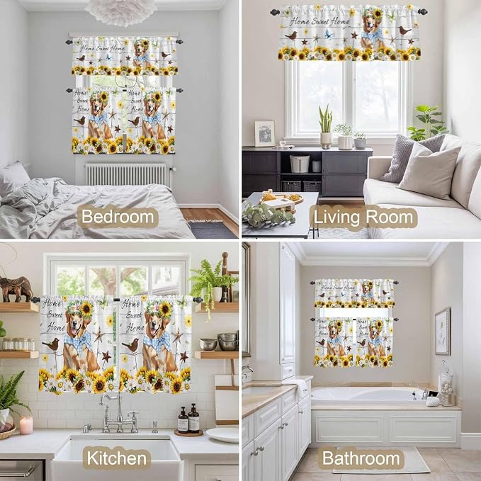 Kitchen Curtains Tiers and Valance Set of 3, Sunflowers Dog Light Filtering - Image 7