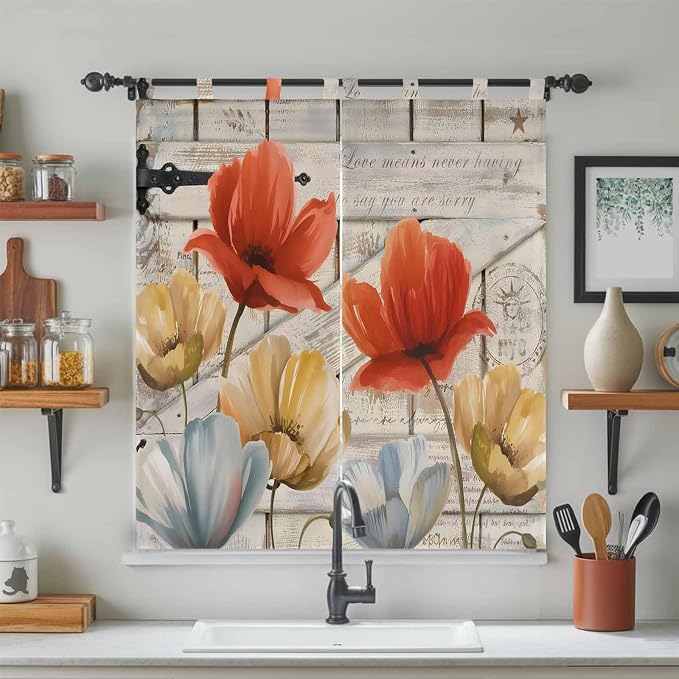 Retro Floral Bedroom Curtains 72 Inch Length, Window Curtains Tab Top - Image 3