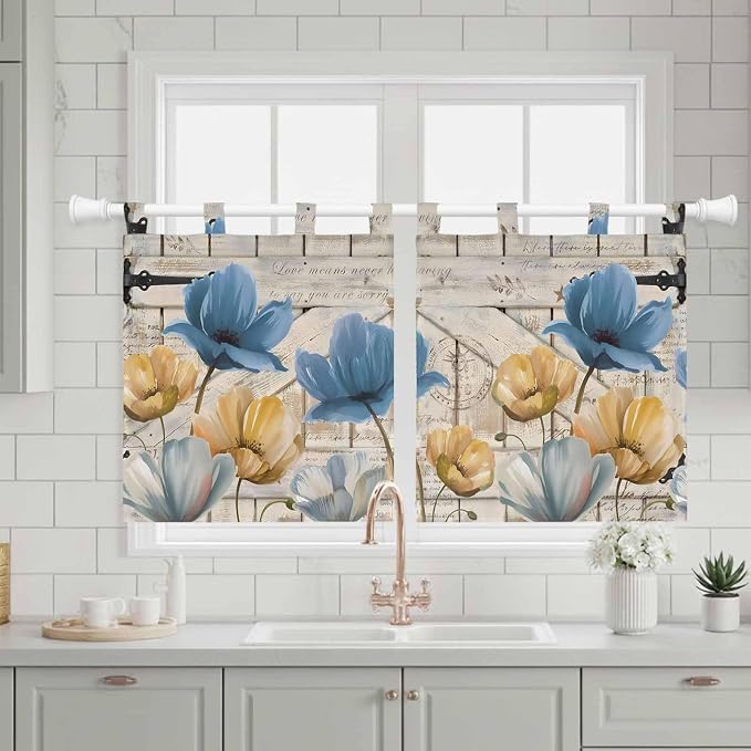 Blue Yellow Tulips Kitchen Curtains 24 Inch Length, Small Window Curtains Tab - Image 3