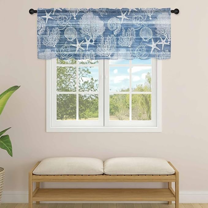 Navy Blue Retro Summer Sheer Valance Curtains, Sea Turtle Starfish Coral Ocean - Image 4