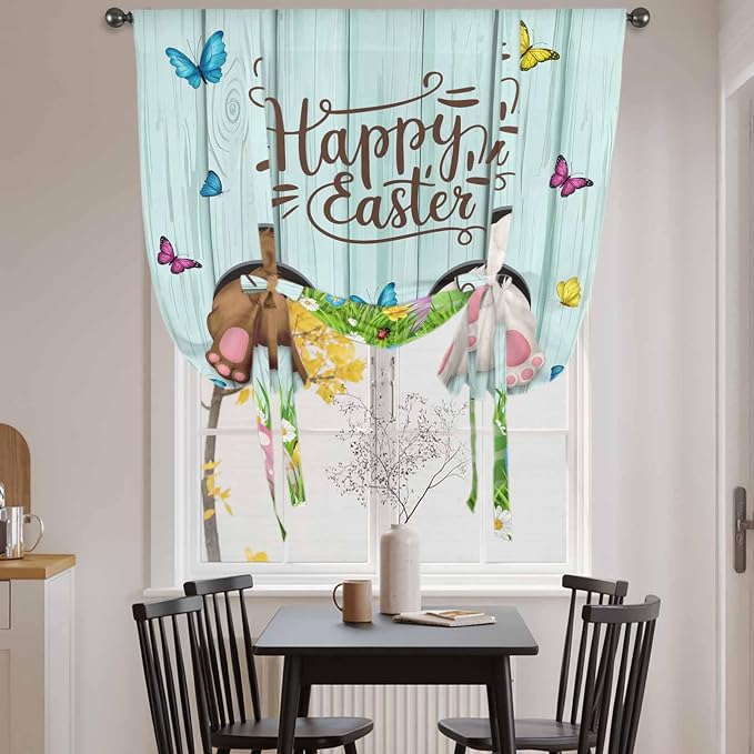 Tie Up Curtains, Happy Easter Bunny Butt Egg Floral Adjustable Rod Pocket - Image 4