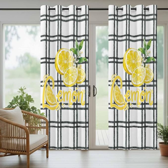 Lemon Outdoor Curtains for Patio Lemon Leaves Summer Plaid Buffalo Waterproof - Image 6
