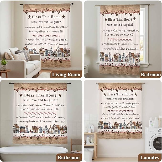 Farmhouse Sheer Curtains 63 Inch Length Country Star Barn Berry Brown Wood - Image 7