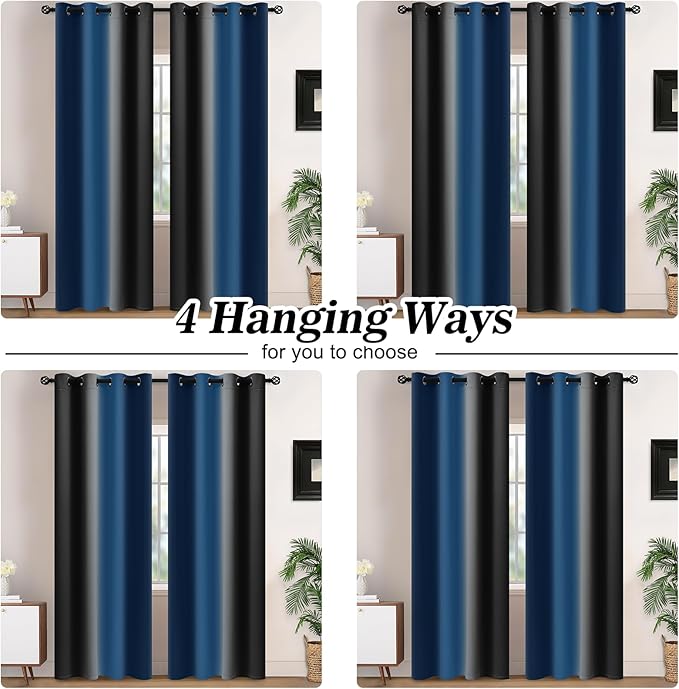 Yakamok Blackout Ombre Dark Blue and Black Curtains for Bedroom, Gradient Room Darkening Curtains, Grommet Thermal Insulated Light Blocking Window Drapes/Curtain for Living Room,52 x 84 Inch,2 Panels