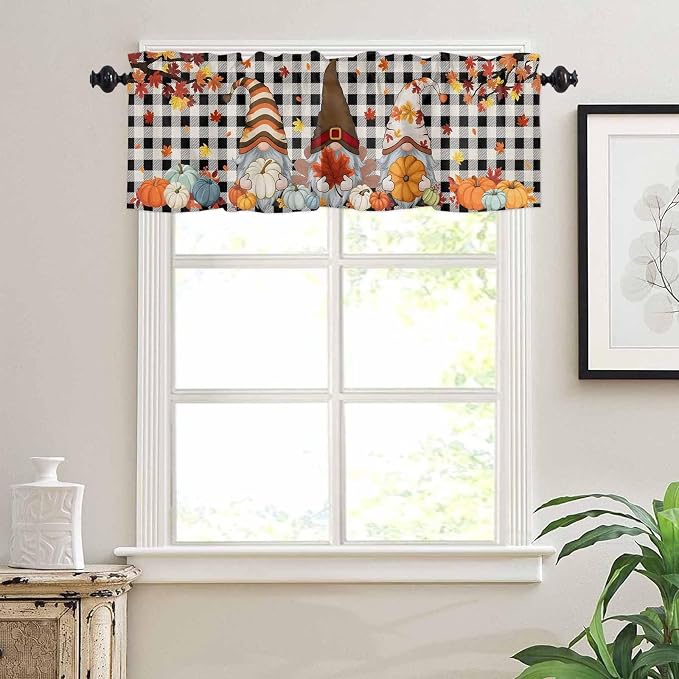 Thanksgiving Gnomes Kitchen Curtain Set, Fallen Maple Leaf Pumpkin Black Plaid - Image 7