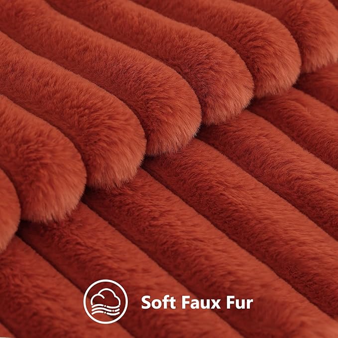 decorUhome Cozy Faux Fur Throw Pillow Covers 18x18 Set of 2 Decorative Soft Plush Striped Modern Farmhouse Boho Couch Pillow Cases with Velvet Back for Sofa Bed Living Room, Rust