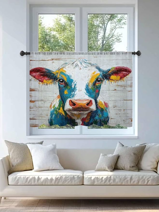 Sheer Curtains 54 Inch Length, Rustic Cow Semi Sheer Curtains Light Filtering - Image 4