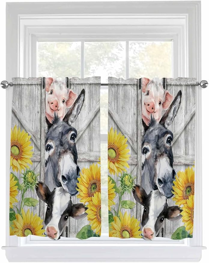 Farmhouse Kitchen Curtains 45 Inches length, Watercolor Sunflowers Animals by Unknown