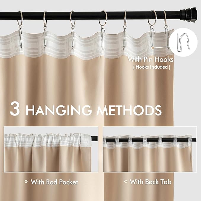 MIULEE Back Tab Beige Curtains 120 Inch Long 2 Panels Set for Living Room Bedroom, Cream Rod Pocket/Pinch Pleated Light Blocking Extra Long Thermal Insulated Room Darkening Blackout Curtains/Drapes
