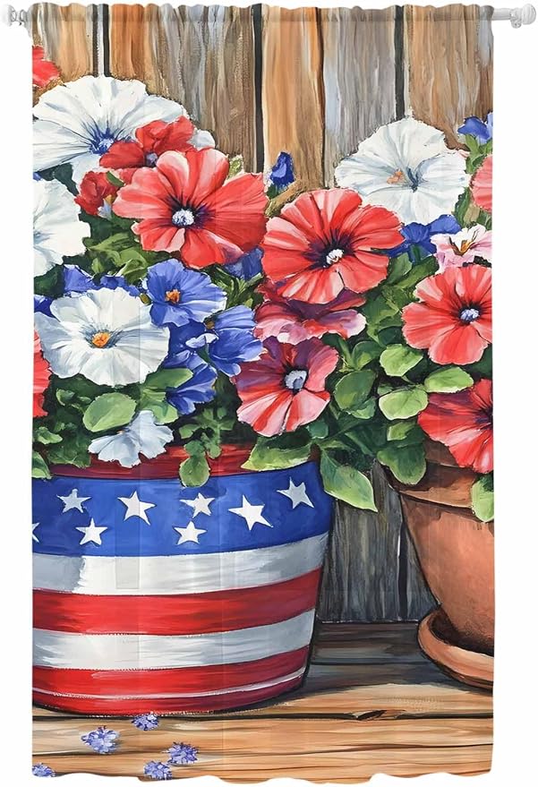 Sheer Curtains 108 Inches Long, Retro Independence Day Flag Wood Grain Privacy by Unknown