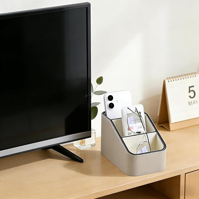 PU Leather Remote Control Holder, Small Desk Organizer Office Supply Bedside - Image 2