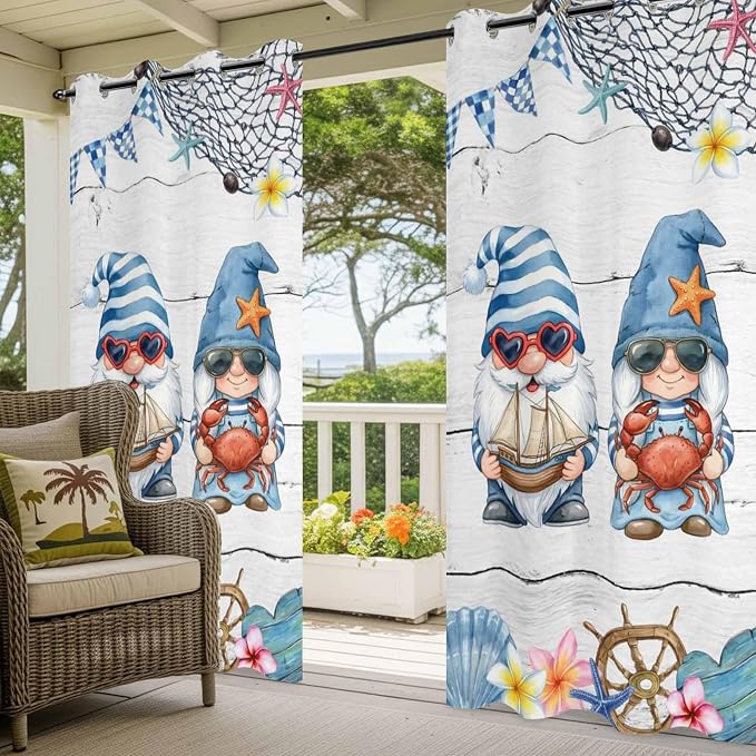 Ocean Gnome Outdoor Curtains for Patio Summer Marine Plumeria Shell Wooden - Image 5