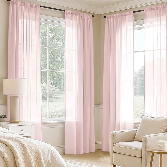 MIULEE Blush Pink Sheer Curtains 96 Inches Long, 4 Panels Set, Light Filtering Rod Pocket Voile Drapes for Living Room and Bedroom, Airy Soft Fabric Window Treatments, 42 x 96 Inches