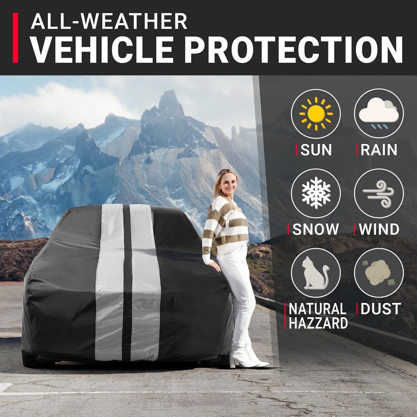 iCarCover Custom Car Cover for Chevy Chevelle Wagon (1973-1977) Waterproof All Weather Rain Snow UV Sun Protector Full Exterior Indoor Outdoor Car Cover (Stripe - Black/Gray)