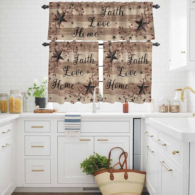 Kitchen Curtains Tiers and Valance Set of 3, Farmhouse Star Brown Light - Image 3