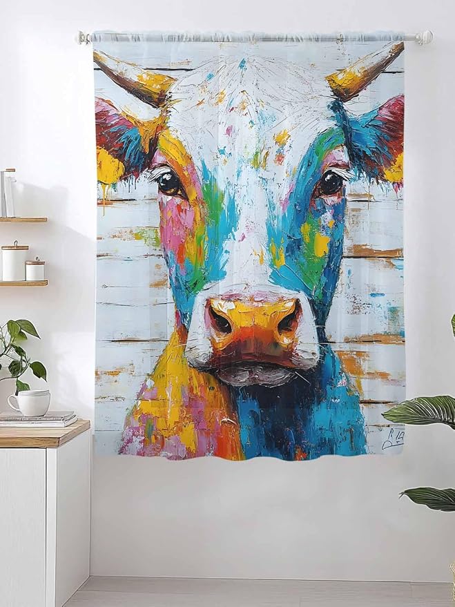 Sheer Curtains 63 Inch Length, Funny Colorful Cow Semi Sheer Curtains Light - Image 2