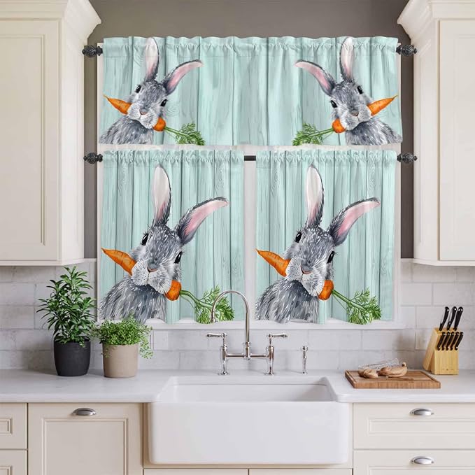 Easter Kitchen Curtain Set, Spring Rabbit Botanical Carrots Green Wooden Grain - Image 3