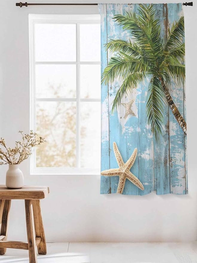 Sheer Curtains 72 Inches Long, Coastal Beach Blue Semi Sheer Curtains Light - Image 3