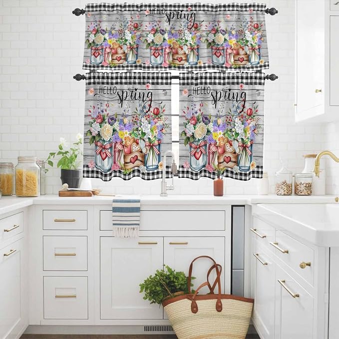 Kitchen Curtains Tiers and Valance Set of 3, Spring Flowers Light Filtering - Image 3
