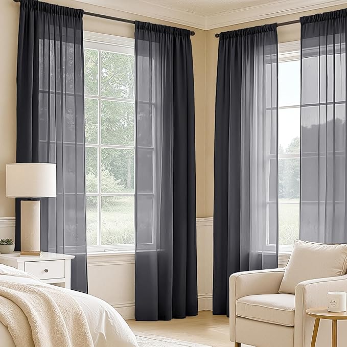 MIULEE Black Sheer Curtains 108 Inches Long, 4 Panels Set, Light Filtering Halloween Rod Pocket Voile Drapes for Living Room and Bedroom, Airy Soft Fabric Window Treatments, 42 x 108 Inches