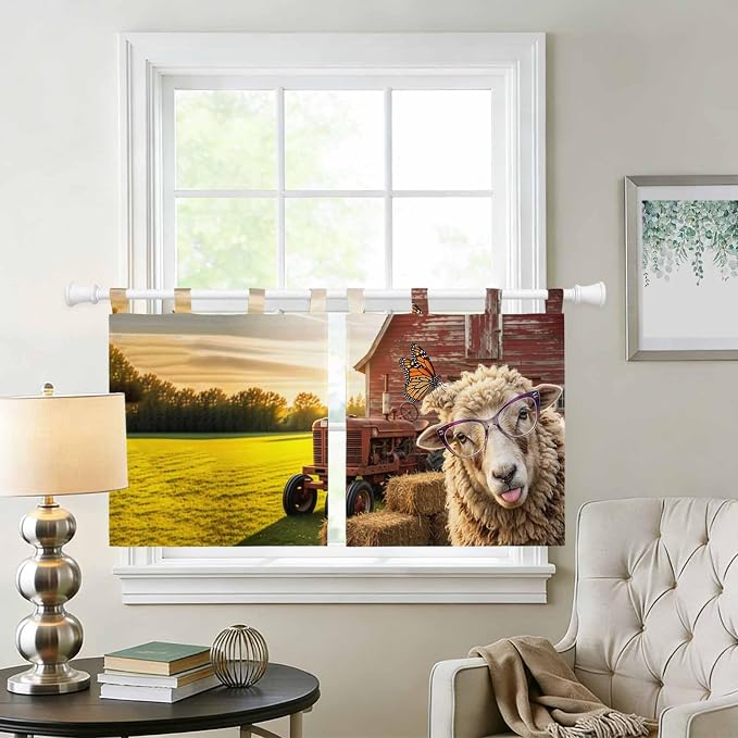 Farm Sheep Kitchen Curtains 36 Inch Length, Small Window Curtains Tab Top - Image 2