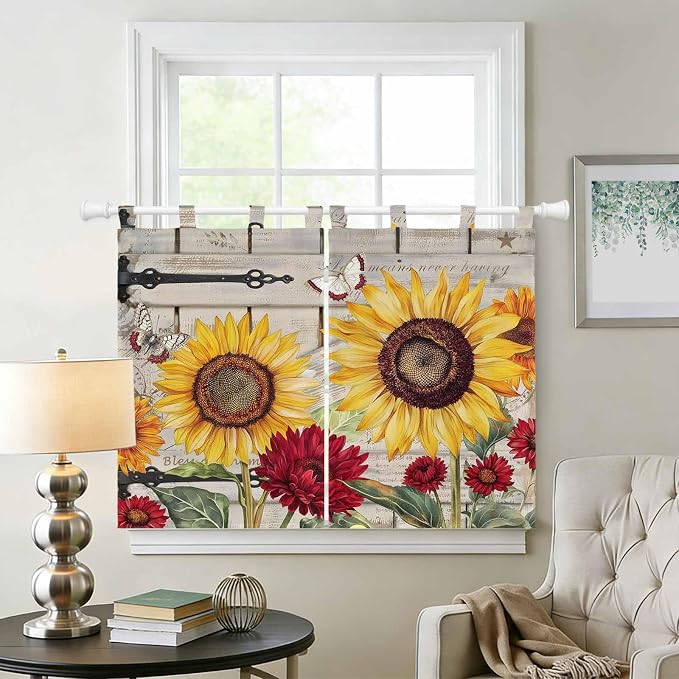 Red Yellow Sunflowers Kitchen Curtains 45 Inch Length, Short Cafe Window - Image 2