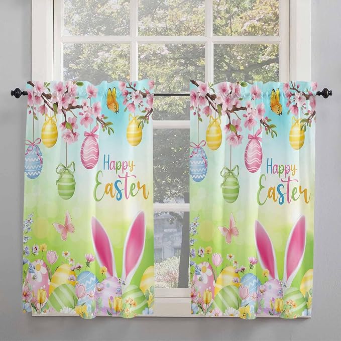 Easter Tier Curtains 45 Inches Long, Spring Bunny Colorful Rabbit Eggs - Image 2