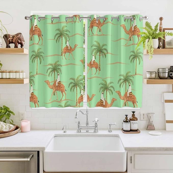 2 Panel Kitchen Cafe Curtains, Desert Camels Sunlight Filtering Nature Air - Image 2