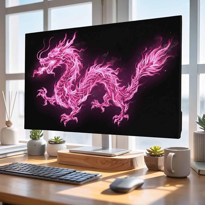 Abstract Pink Flames Dragons on Black Indoor TV Cover, Elastic TV Screen - Image 4