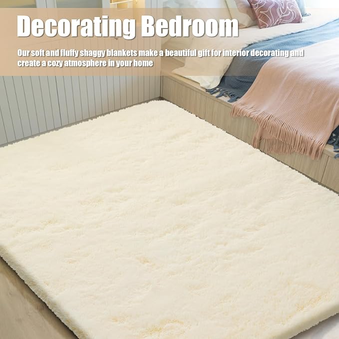 Ultra Soft Fluffy Area Rugs for Bedroom Living Room 10x12, Nursery Rug, Non-Slip Carpet for Kids Dorms Decor, Shaggy Bedside Rug, Ivory