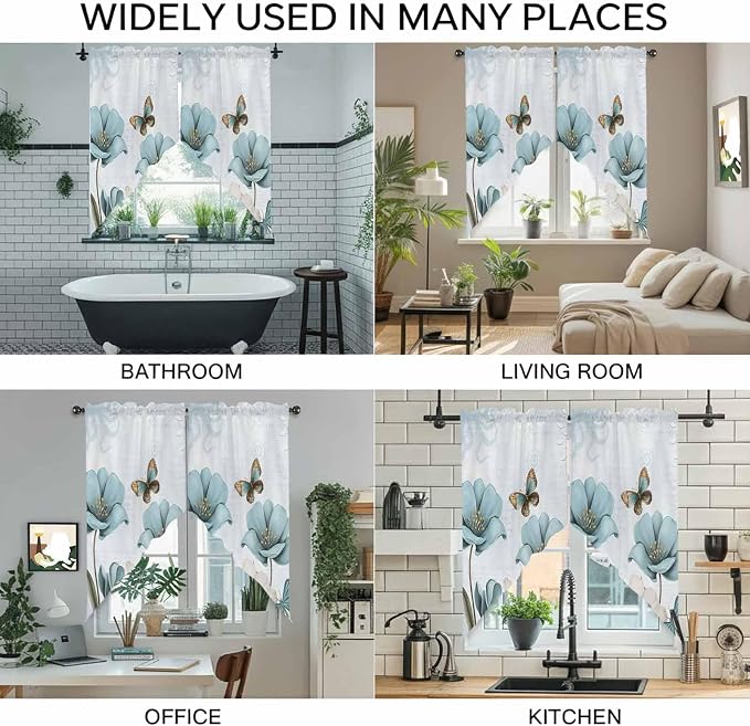 Blue Tulips Swag Valances for Windows, Watercolor Flowers Butterfly Spring - Image 9