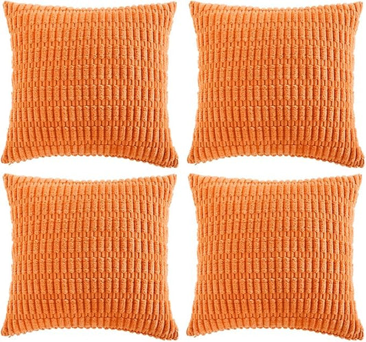 Fancy Homi 4 Packs Orange Fall Decorative Throw Pillow Covers 18x18 Inch for Couch Living Room Bed Sofa, Halloween Pumpkin Autumn Home Decor, Soft Cute Plush Corduroy Striped Cushion Case 45x45 CM