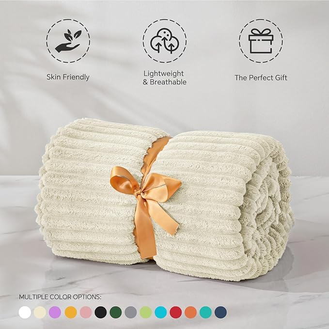 BEDELITE Fleece Throw Blanket for Couch – 3D Ribbed Jacquard Soft and Warm Decorative Fuzzy Blanket – Cozy, Fluffy, Plush Lightweight Beige Throw Blankets for Bed, Sofa, 50x60 inches