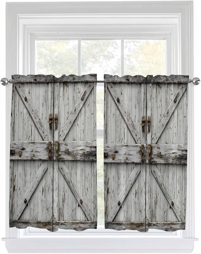 Vintage Gate Tier Curtains 45 Inches Long, Farmhouse Wooden Grain Shabby Chic by Unknown