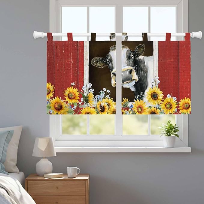 Cows Sunflowers Kitchen Curtains 24 Inch Length, Small Window Curtains Tab Top - Image 9