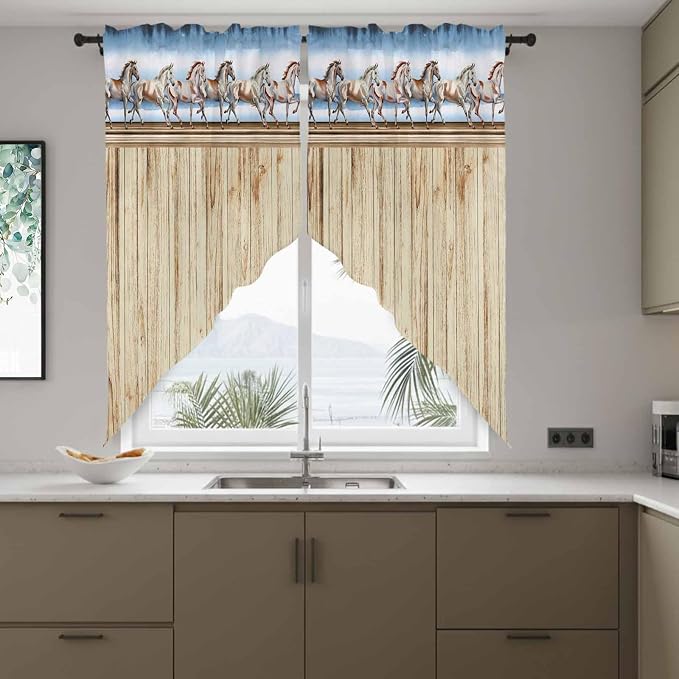 Western Horse Swag Valances for Windows, Farmhouse Wooden Grain Vintage Cowboy - Image 8