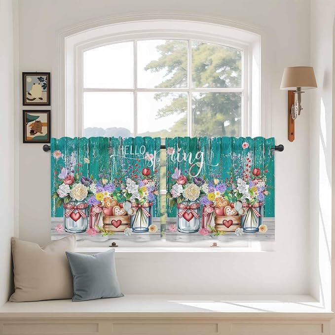 Spring Flowers Tier Curtains, Farmhouse Watercolor Teal Wood Grain Light - Image 3