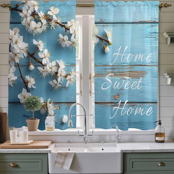 Farmhouse Wooden Grain Kitchen Curtains, Vintage Shabby Chic Flower Blue Light - Image 2