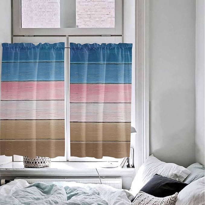 Blue Pink Brown Gradient Wood Grain Window Valance Curtains, Vintage Wood Board - Image 8