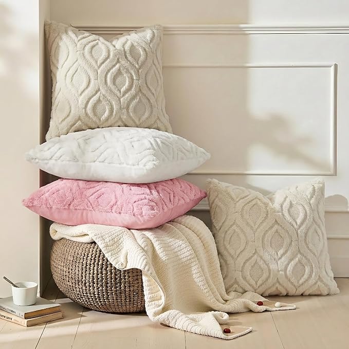 decorUhome Throw Pillow Covers 12x20 Inch Set of 2, Soft Plush Faux Wool Beige Solid Couch Pillow Covers, Accent Farmhouse Neutral Rectangle Pillow Cases for Sofa Bed Living Room