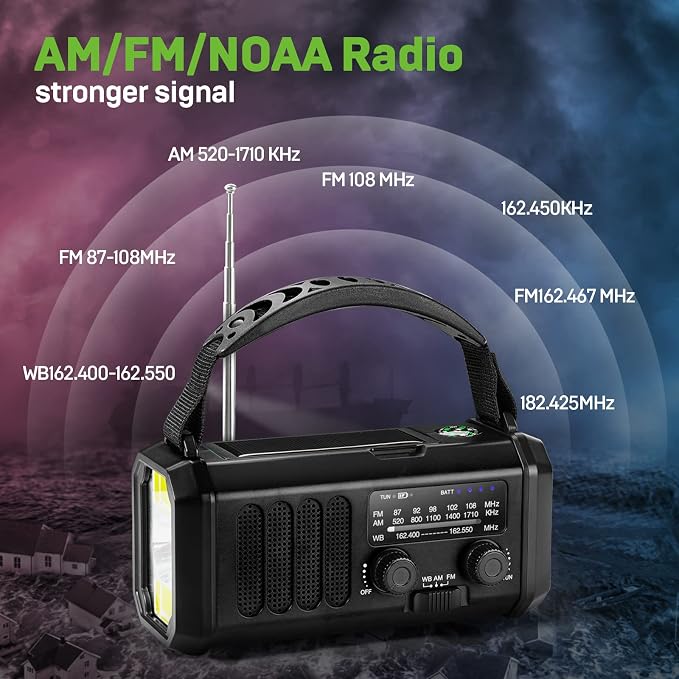 Emergency NOAA Weather Radio, 10000mAh/37000mWh, Solar Hand Crank Radio - Image 3
