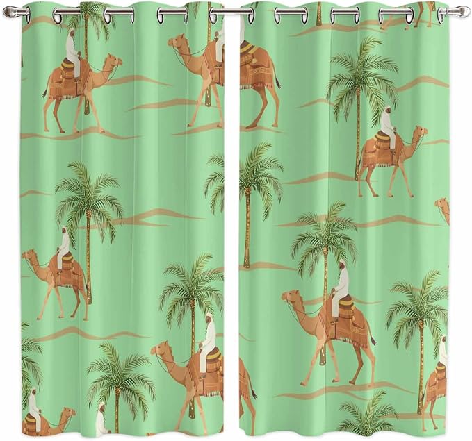 2 Panel Kitchen Cafe Curtains, Desert Camels Sunlight Filtering Nature Air by Hokiten