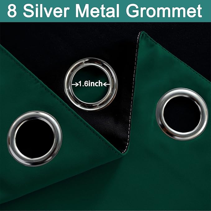 Yakamok 63 Inch Length Full Blackout Curtains for Bedroom, 2 Thick Layers Grommet Top Thermal Insulated Soundproof Drapes with Black Liner for Living Room(52Wx63L,Dark Green, 2 Panels)