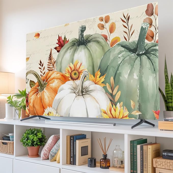 Thanksgiving Pumpkin Fall Eucalyptus Leaf Indoor TV Cover, Elastic TV Screen by Unknown