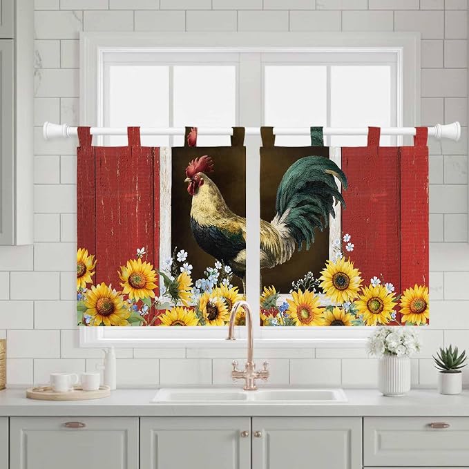 Chicken Sunflowers Kitchen Curtains 36 Inch Length, Small Window Curtains Tab - Image 3