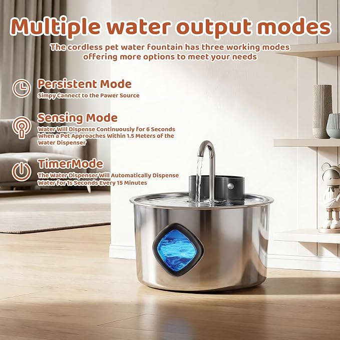 3.2L Wireless Pet Water Fountain, 4000mAh Rechargeable Stainless Steel Dispenser - Image 3