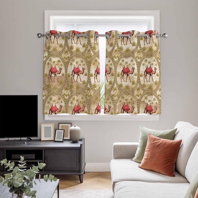 2 Panel Kitchen Cafe Curtains, Desert Camels Sunlight Filtering Nature Air - Image 5