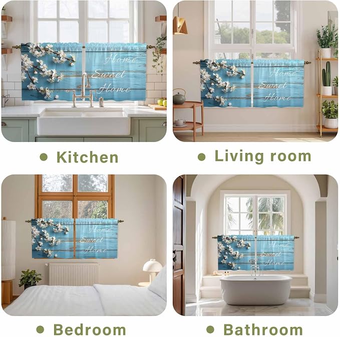 Farmhouse Wooden Grain Tier Curtains, Vintage Shabby Chic Flower Blue Light - Image 8
