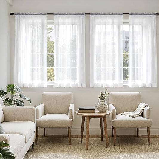 MIULEE Short Sheer Curtains 54 Inches Long, 4 Panels Set, Light Filtering Rod Pocket Curtains for Kitchen/Bathroom Small Windows, 42W x 54 Inches, White